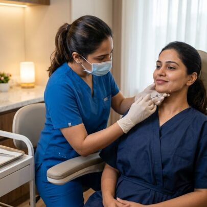 Patient receiving Botox and dermal filler injections for jawline slimming in Kansas City medspa